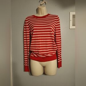 Banana Republic Red and White Striped Lite Weight Crew Neck Sweater